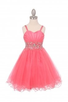 Coral Sleeveless Mesh Junior Bridesmaid Dress with Beaded Waistline